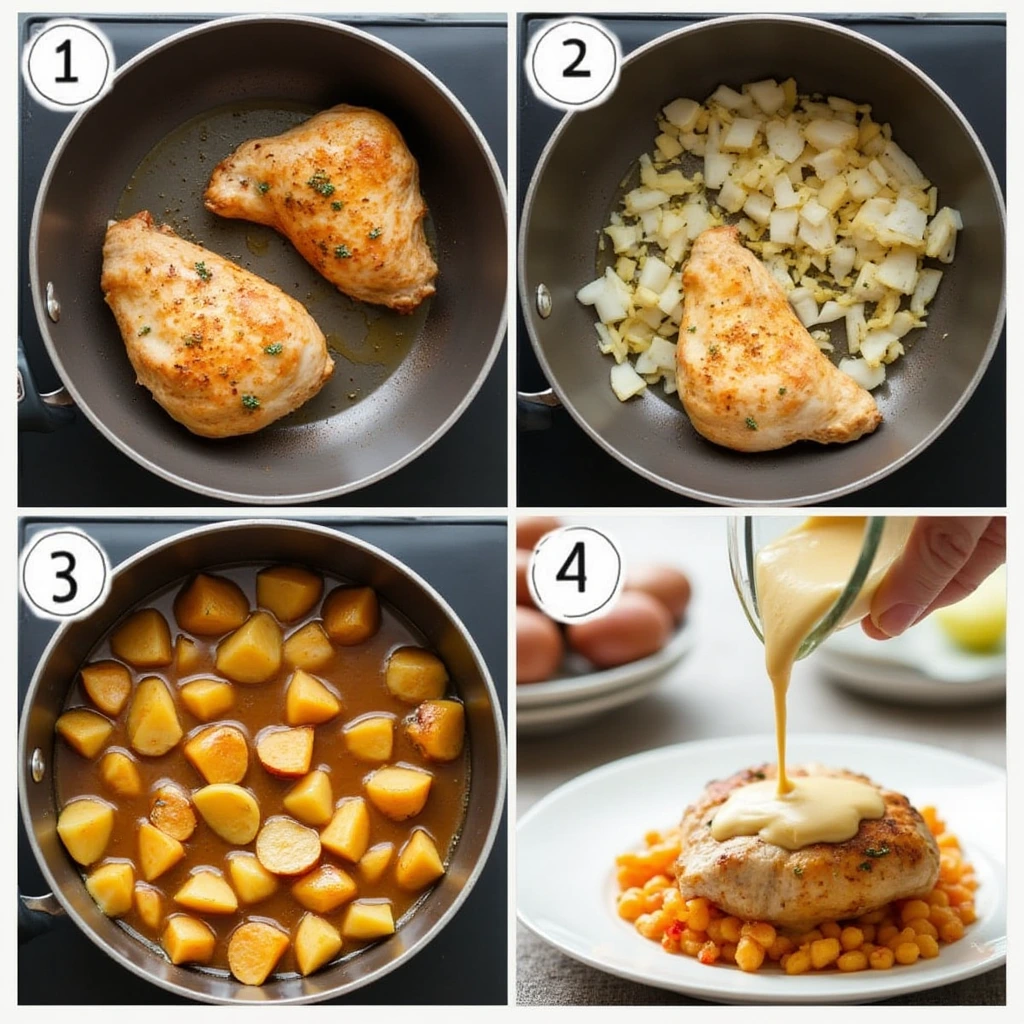 Step-by-step preparation of Irish chicken in four panels: searing chicken in a pan, sautéing onions, simmering potatoes in broth, and pouring creamy sauce over the chicken on a plated dish.