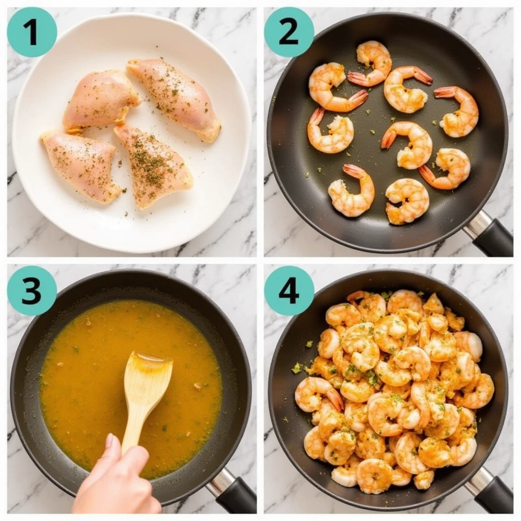 A step-by-step image collage showing the preparation of a chicken and shrimp recipe, including seasoned chicken, shrimp in a skillet, sauce preparation, and the final dish