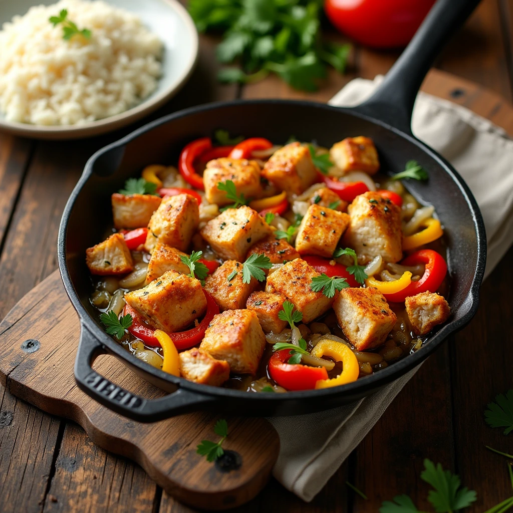 A skillet filled with diced chicken cooked to golden perfection, accompanied by sautéed bell peppers and onions, garnished with fresh parsley. A bowl of rice is visible in the background on a rustic wooden table