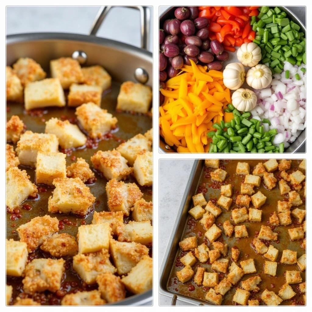 A collage showing crispy baked diced chicken pieces in a skillet, a tray of fresh diced vegetables including bell peppers, garlic, and onions, and a baking sheet with perfectly golden chicken cubes