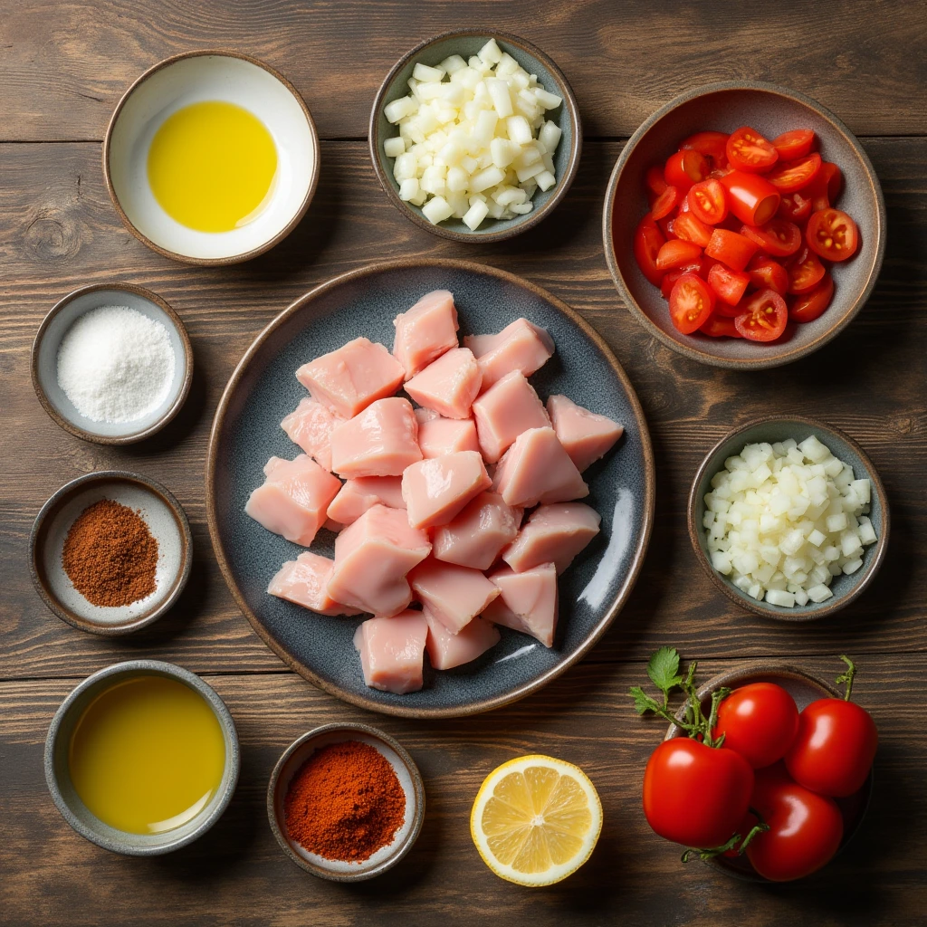 A flat-lay of ingredients for a diced chicken recipe, including raw chicken cubes, diced onions, cherry tomatoes, olive oil, spices, and a lemon, arranged on a rustic wooden table