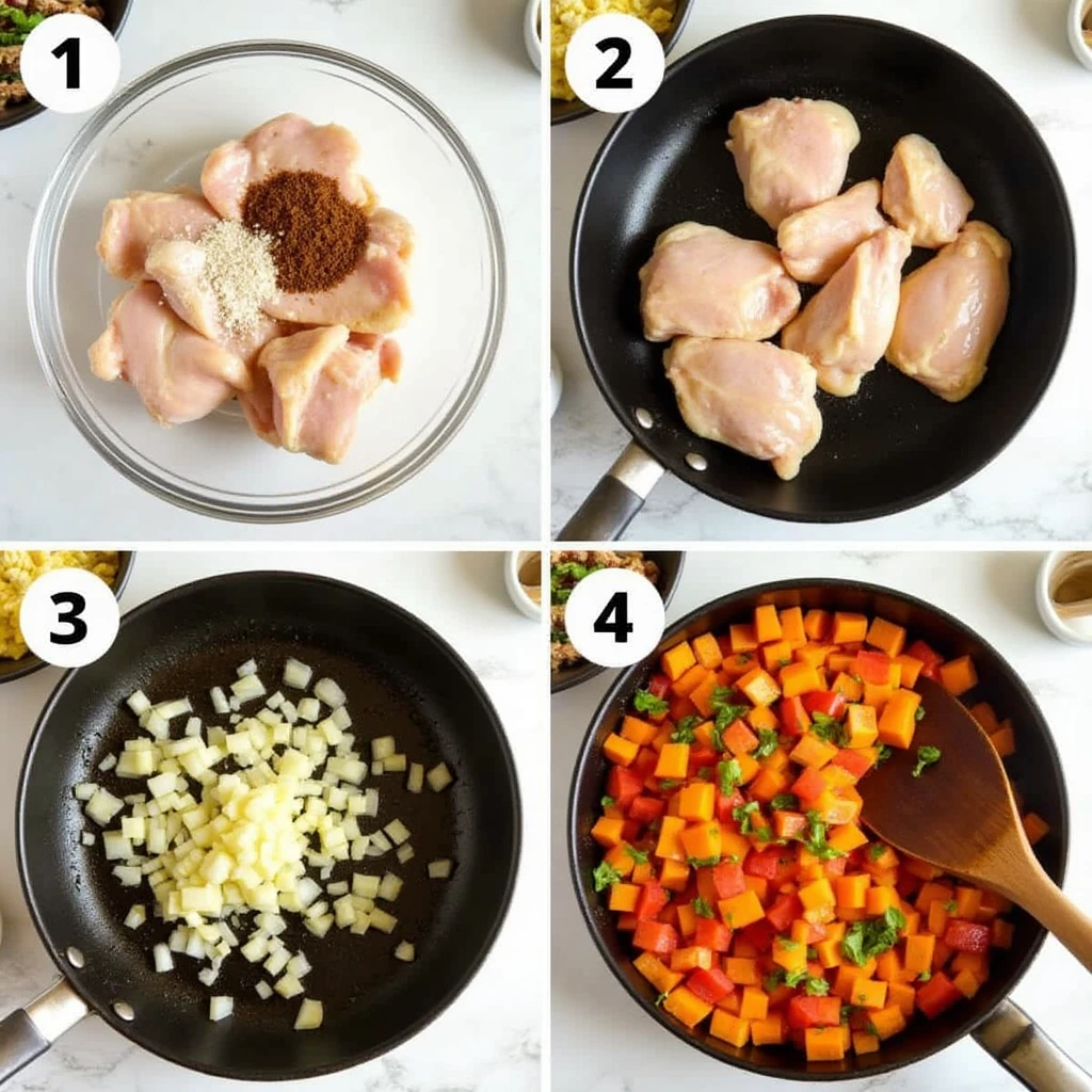 A step-by-step image collage showing the preparation of a diced chicken recipe, including seasoned chicken, chicken cooking in a skillet, onions sautéing, and a colorful mix of diced vegetables being cooked.