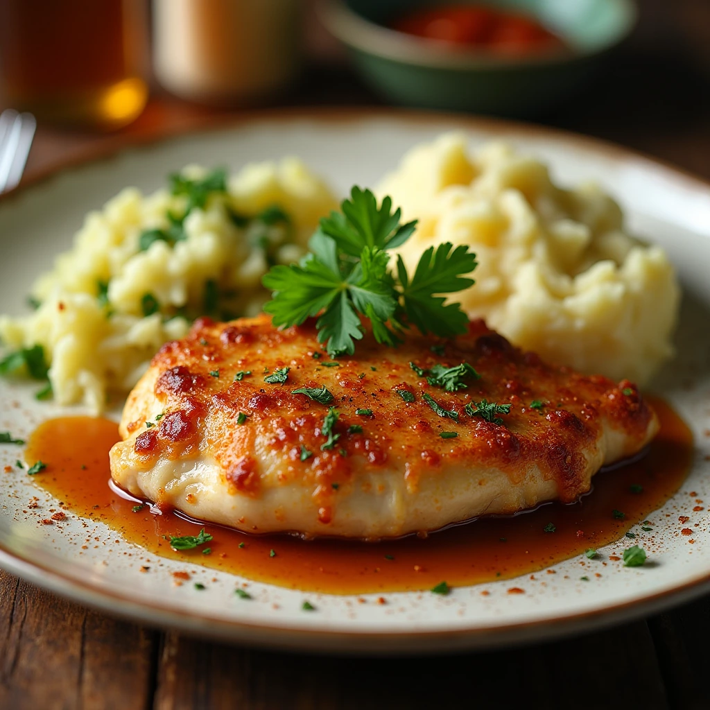 A plate of golden-brown Irish chicken served with creamy mashed potatoes and sautéed cabbage, garnished with fresh parsley and drizzled with a rich, flavorful sauce.