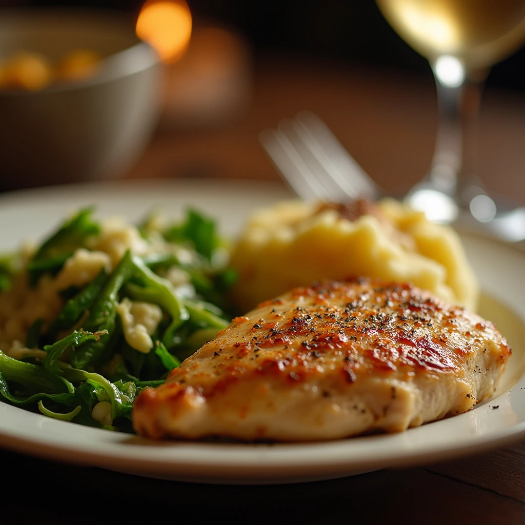 A beautifully plated Irish chicken dinner featuring a golden chicken breast seasoned with herbs, served alongside creamy mashed potatoes and sautéed greens, with a glass of wine in the background.