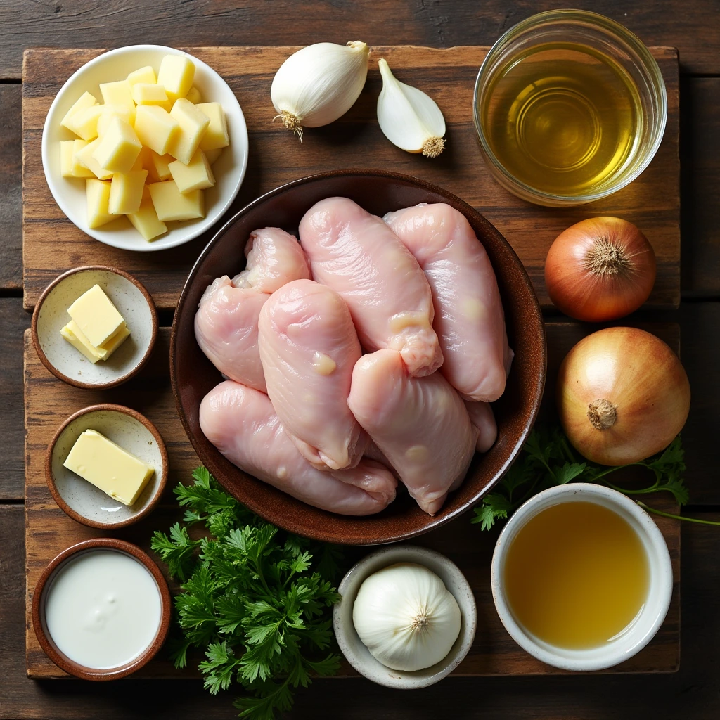 A rustic arrangement of fresh ingredients for Irish chicken, including raw chicken breasts, diced butter, garlic cloves, onions, olive oil, cream, chicken broth, and fresh parsley on a wooden board.