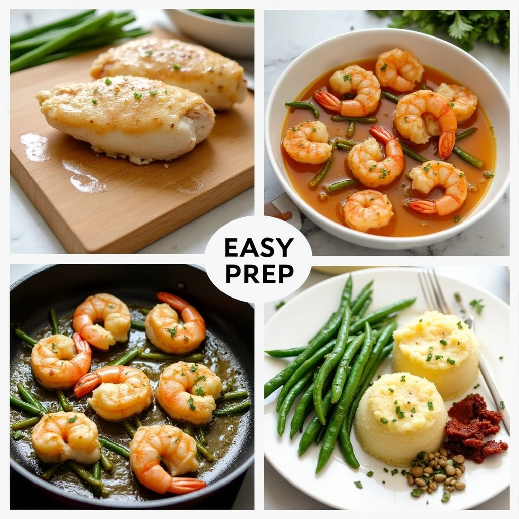 A collage of four images showcasing the steps of an easy chicken and shrimp recipe. Includes seasoned chicken breasts, shrimp in sauce with green beans, shrimp cooking in a skillet, and a plated dish with mashed potatoes and green beans