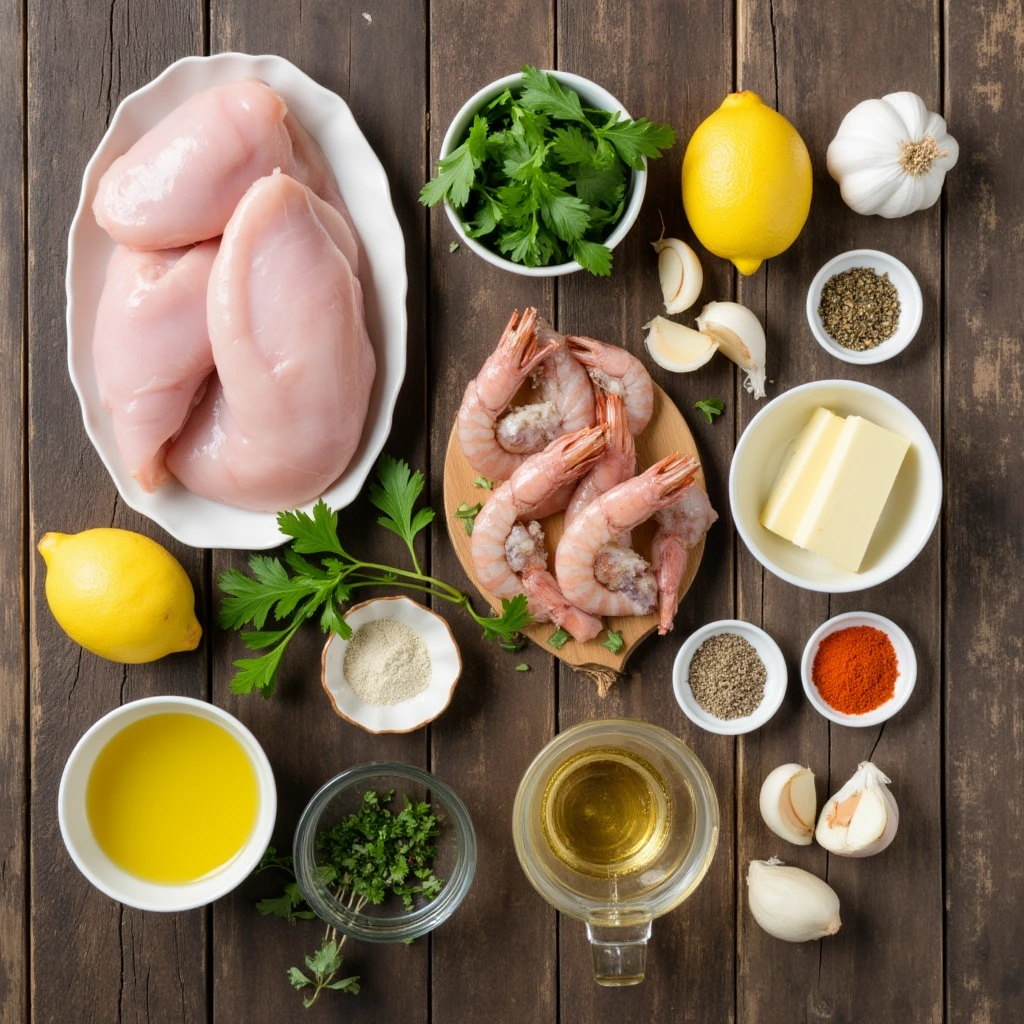 A flat-lay of ingredients for a chicken and shrimp recipe on a rustic wooden surface, including raw chicken breasts, shrimp, garlic, butter, olive oil, parsley, lemons, and seasonings.