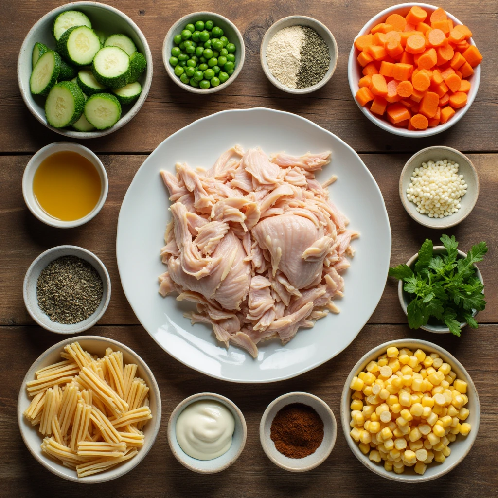 A flat-lay image of ingredients for a leftover rotisserie chicken recipe. Shredded chicken is centered on a plate surrounded by bowls of sliced zucchini, peas, diced carrots, corn, pasta, olive oil, spices, fresh parsley, and cream