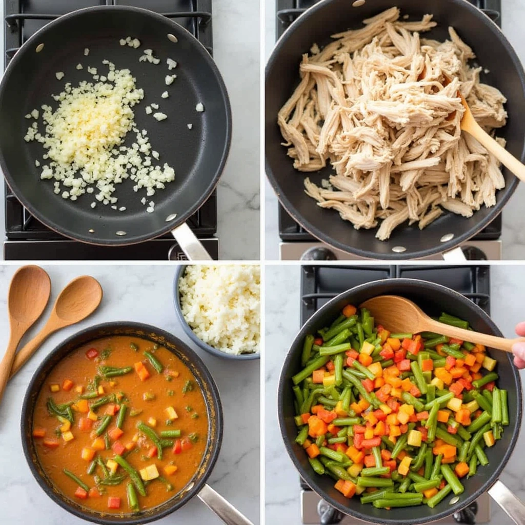 A four-step collage showing the cooking process for a leftover rotisserie chicken recipe: sautéing garlic, adding shredded chicken, simmering vegetables in a sauce, and stirring in mixed vegetables