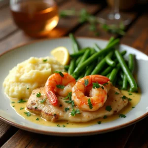 A plate of chicken and shrimp in a garlic butter sauce, garnished with fresh parsley, served with creamy mashed potatoes, steamed green beans, and a lemon wedge