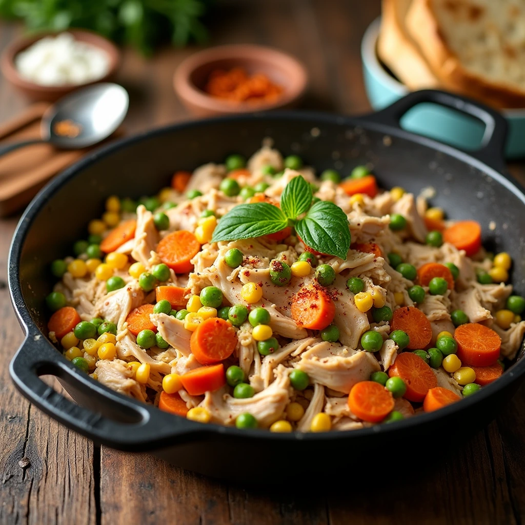 A skillet filled with a colorful leftover rotisserie chicken dish, featuring shredded chicken, vibrant vegetables like carrots, peas, and corn, garnished with fresh basil leaves. The dish is placed on a rustic wooden table, surrounded by small bowls of spices, bread, and serving utensils