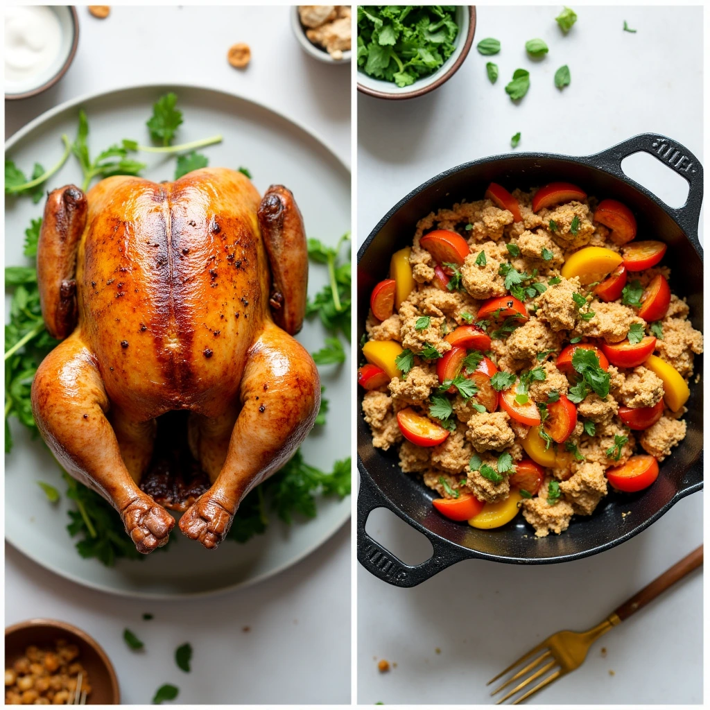 A side-by-side image showing a whole roasted rotisserie chicken on a plate garnished with fresh herbs and a skillet dish featuring shredded chicken mixed with vibrant vegetables like cherry tomatoes and bell peppers, topped with cilantro