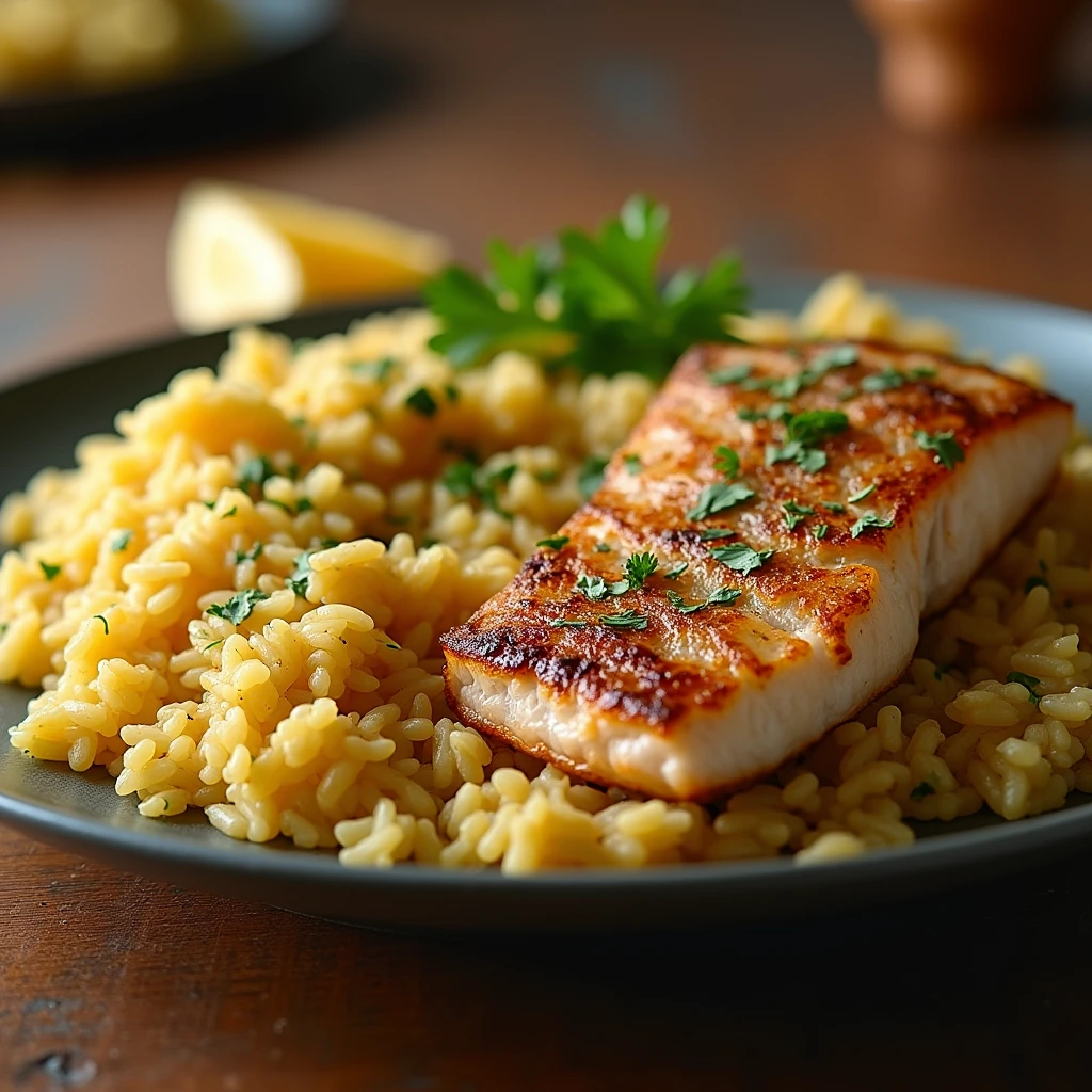 A plate of golden, seasoned rice topped with a perfectly grilled fish fillet, garnished with fresh parsley, and served with a lemon wedge