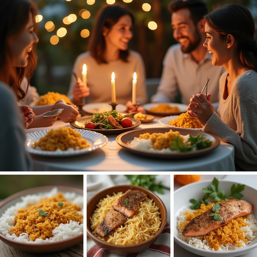 A cozy dinner scene with a group of friends enjoying rice and fish dishes under warm candlelight, with plated meals and salads on the table