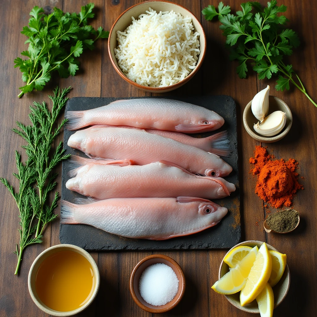 A flat lay of fresh fish fillets, uncooked rice, herbs, spices, olive oil, lemon wedges, and garlic on a rustic wooden table.