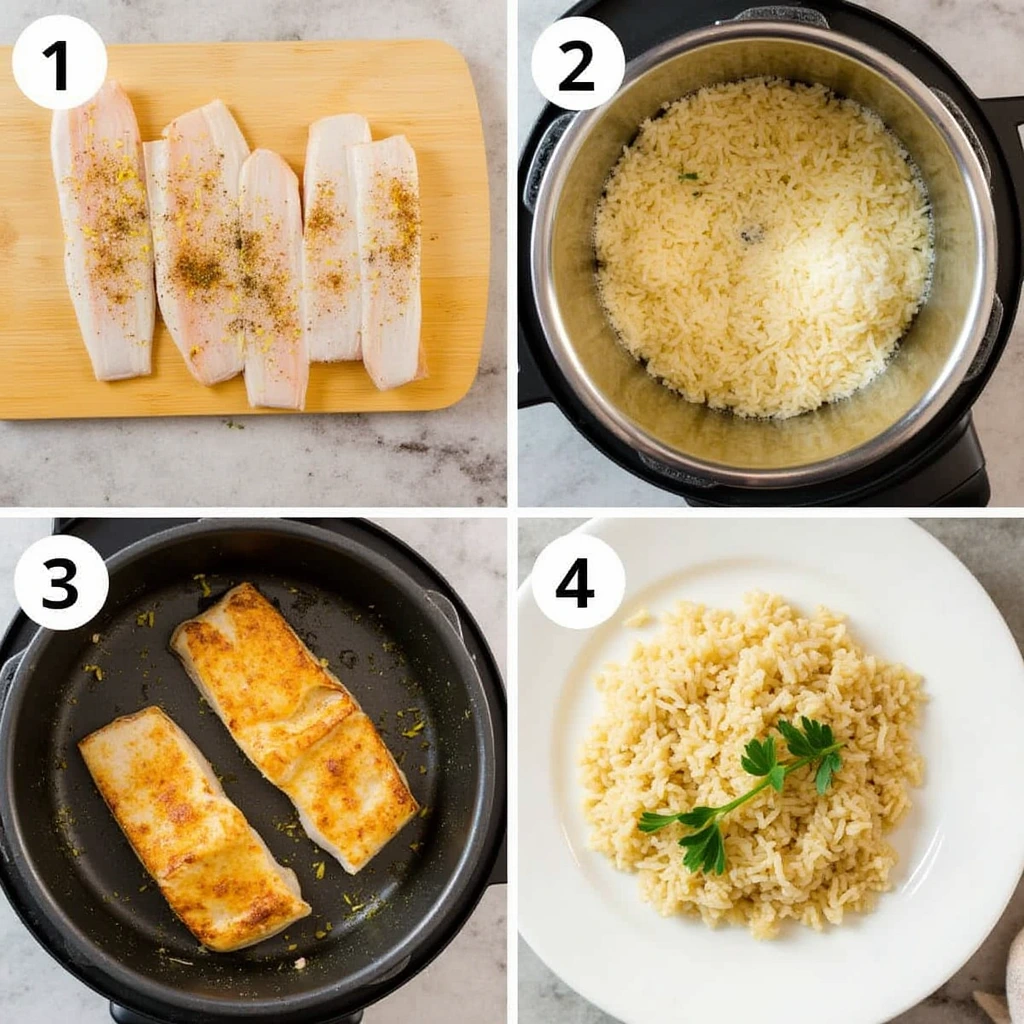 A step-by-step visual of preparing a Rice Recipe for Fish, showing seasoning, simmering, grilling, and final plating with garnishes.