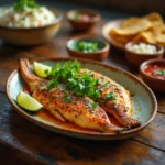 A plated Mexican fish dish featuring two golden-brown, spice-seasoned fish fillets garnished with fresh cilantro and lime wedges. The dish is surrounded by small bowls of rice, salsa, and tortillas on a rustic wooden table.