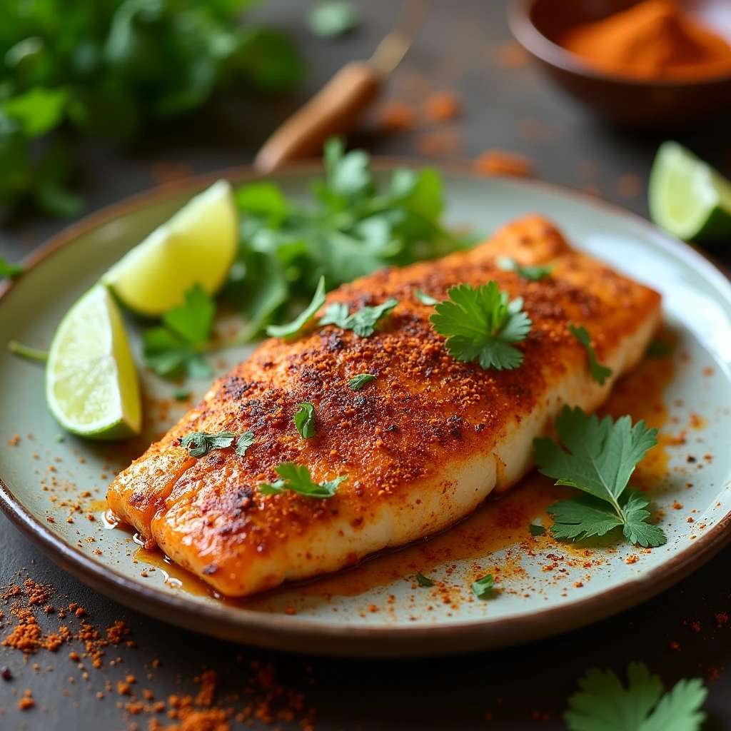 A single, spice-rubbed fish fillet cooked to perfection, garnished with fresh cilantro leaves and lime wedges, set on a rustic ceramic plate with a blurred background of spices and herbs.