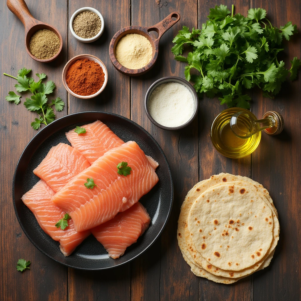 A flat lay of fresh salmon fillets on a black plate surrounded by small bowls of spices, olive oil, fresh cilantro, and a stack of tortillas on a rustic wooden table.