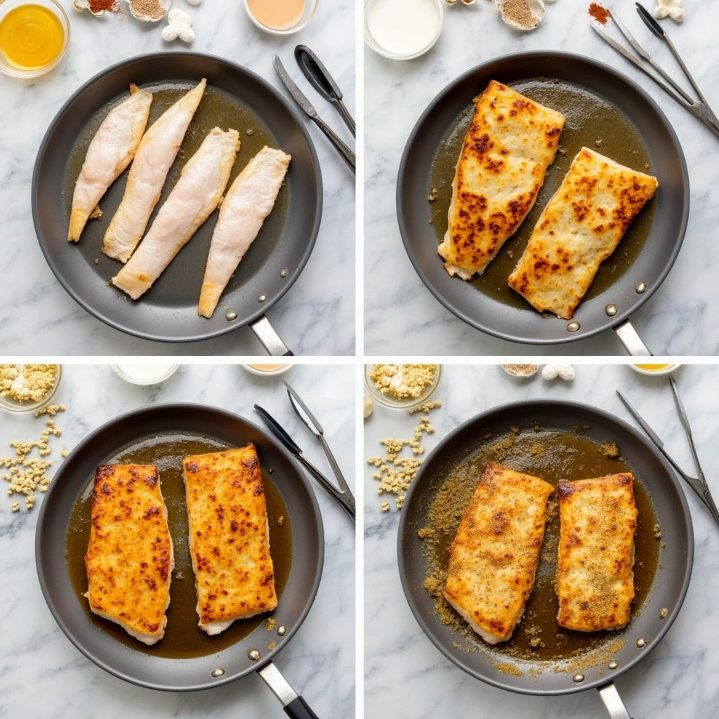 A step-by-step collage showing fish fillets being cooked in a skillet, from raw to golden-brown, with spices and tools arranged on a marble countertop.