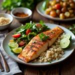 A plated king fish fillet served with brown rice, a fresh salad of cherry tomatoes and greens, and lime wedges on the side.