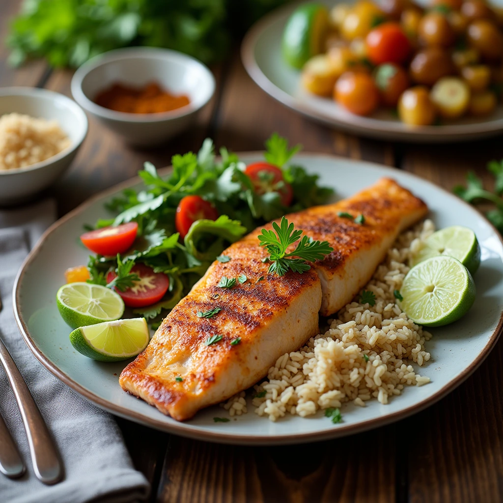 A plated king fish fillet served with brown rice, a fresh salad of cherry tomatoes and greens, and lime wedges on the side.