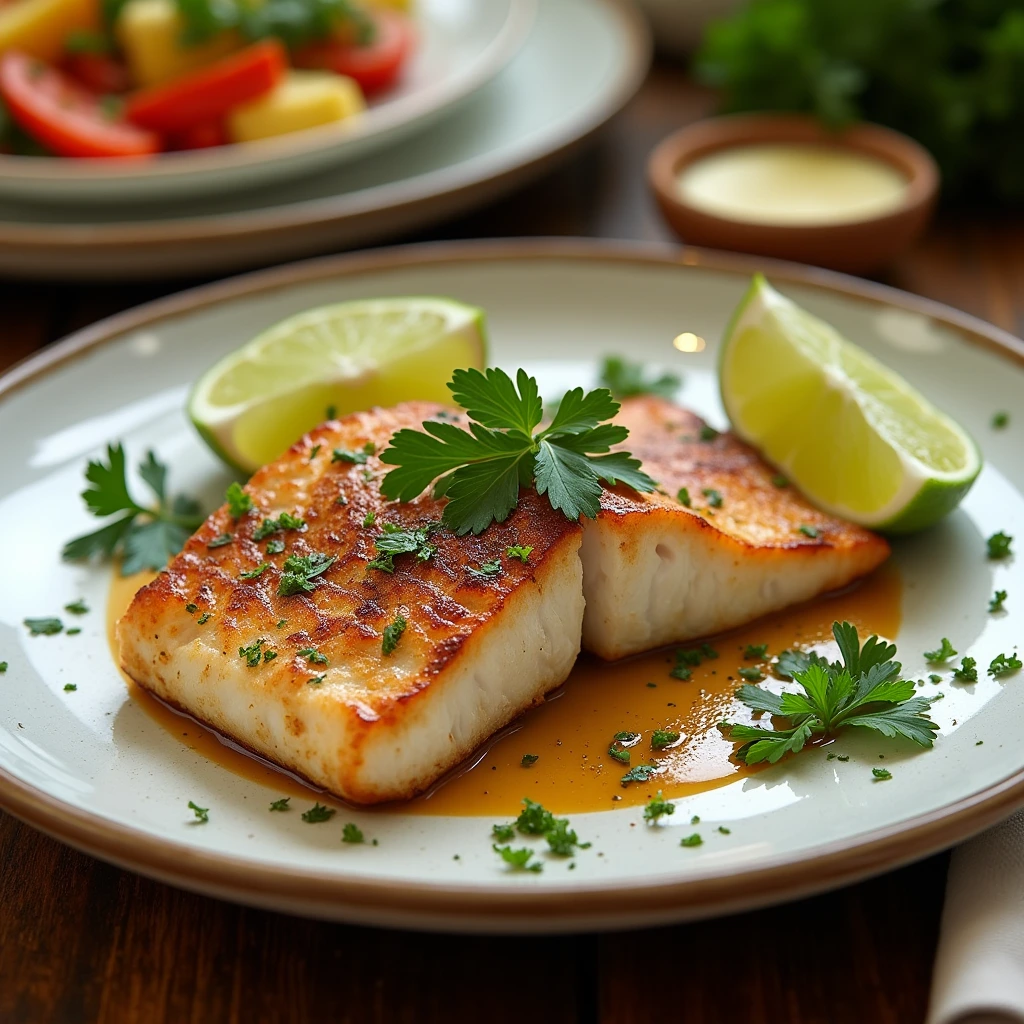 Two golden king fish fillets served on a plate with lime wedges and garnished with fresh parsley, accompanied by a creamy sauce in the background.