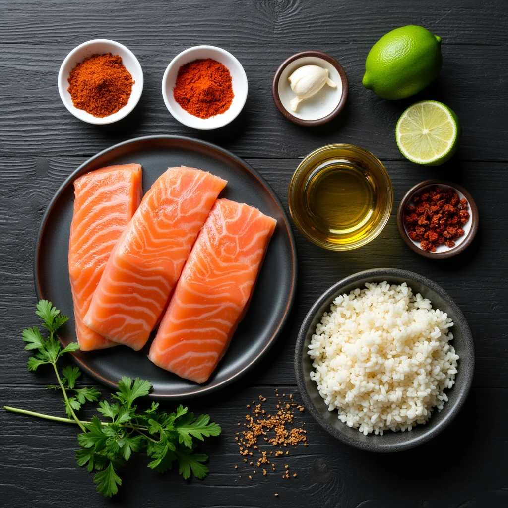 A flat lay of fresh king fish fillets on a black plate, surrounded by ingredients including garlic, spices, lime, parsley, olive oil, and rice.