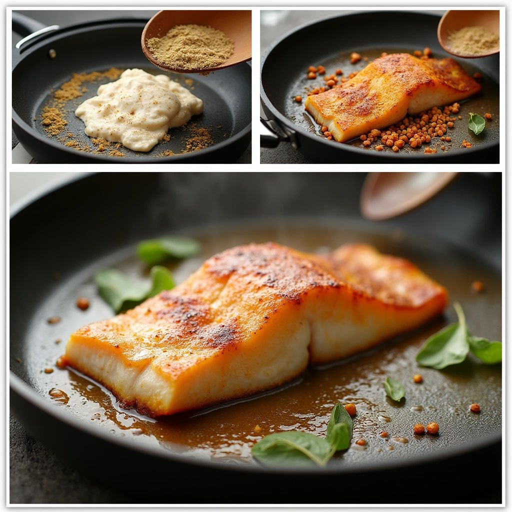 A step-by-step collage of a king fish fillet being prepared, from seasoning in a skillet to developing a golden crust with garnishes like fresh herbs.