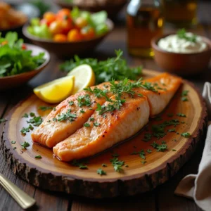 A smoked fish fillet garnished with fresh herbs and lemon wedges, served on a wooden platter with a side salad and dipping sauce.