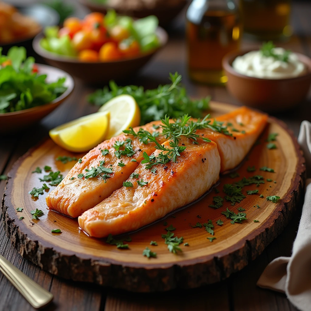 A smoked fish fillet garnished with fresh herbs and lemon wedges, served on a wooden platter with a side salad and dipping sauce.