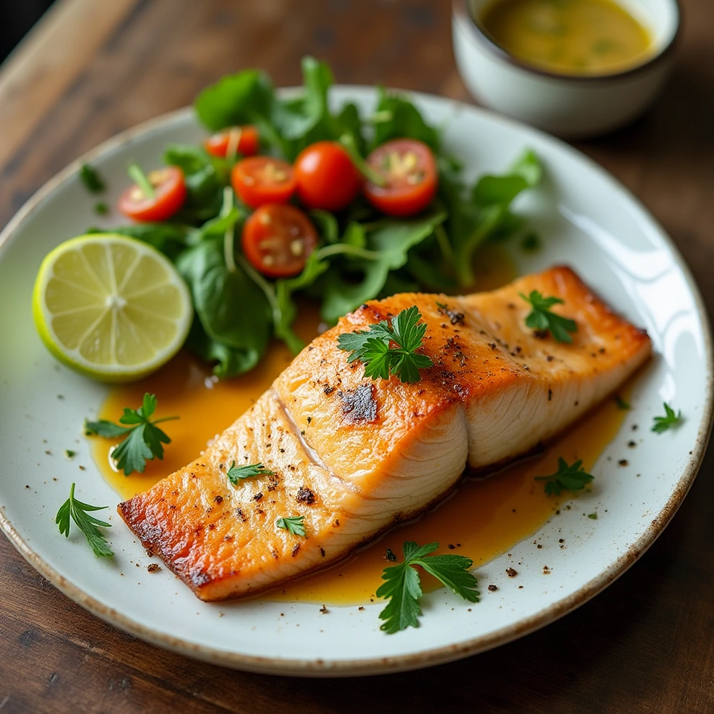 Smoked fish fillet served with a lime wedge, garnished with parsley, and accompanied by a side of mixed greens salad.