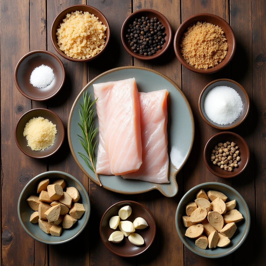 A flat lay of fresh fish fillets with seasonings, garlic, and herbs, ready for smoking, arranged on a wooden surface.