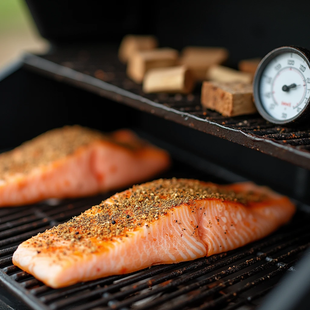 Freshly seasoned fish fillets placed on a smoker rack, with wood chips and a thermometer in the background.