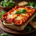 A freshly baked lasagna in a white casserole dish, with layers of melted cheese and marinara sauce, garnished with fresh basil.