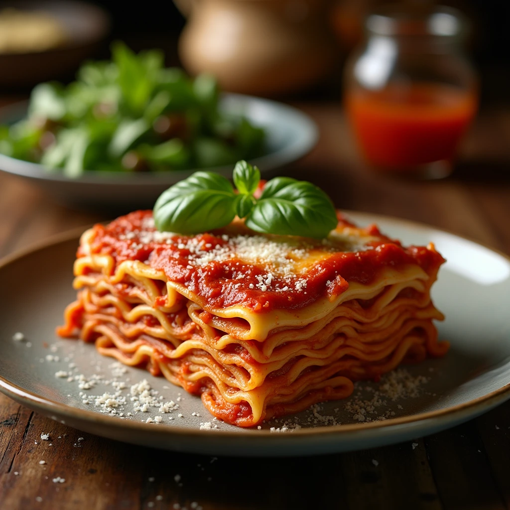 A slice of lasagna served on a plate, garnished with fresh basil and grated Parmesan cheese, accompanied by a side salad.