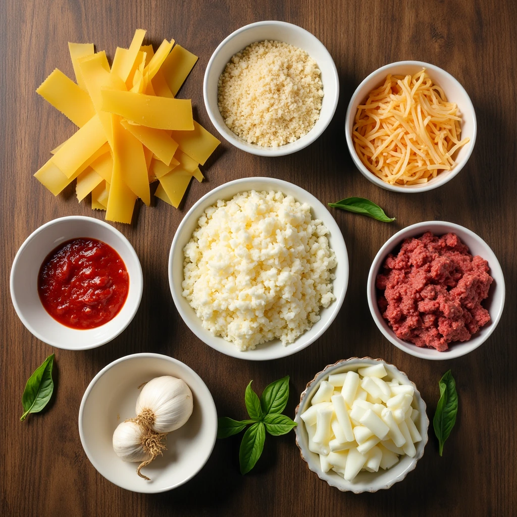 A flat lay of lasagna ingredients including Barilla lasagna noodles, ricotta, mozzarella, marinara sauce, ground beef, and garlic.