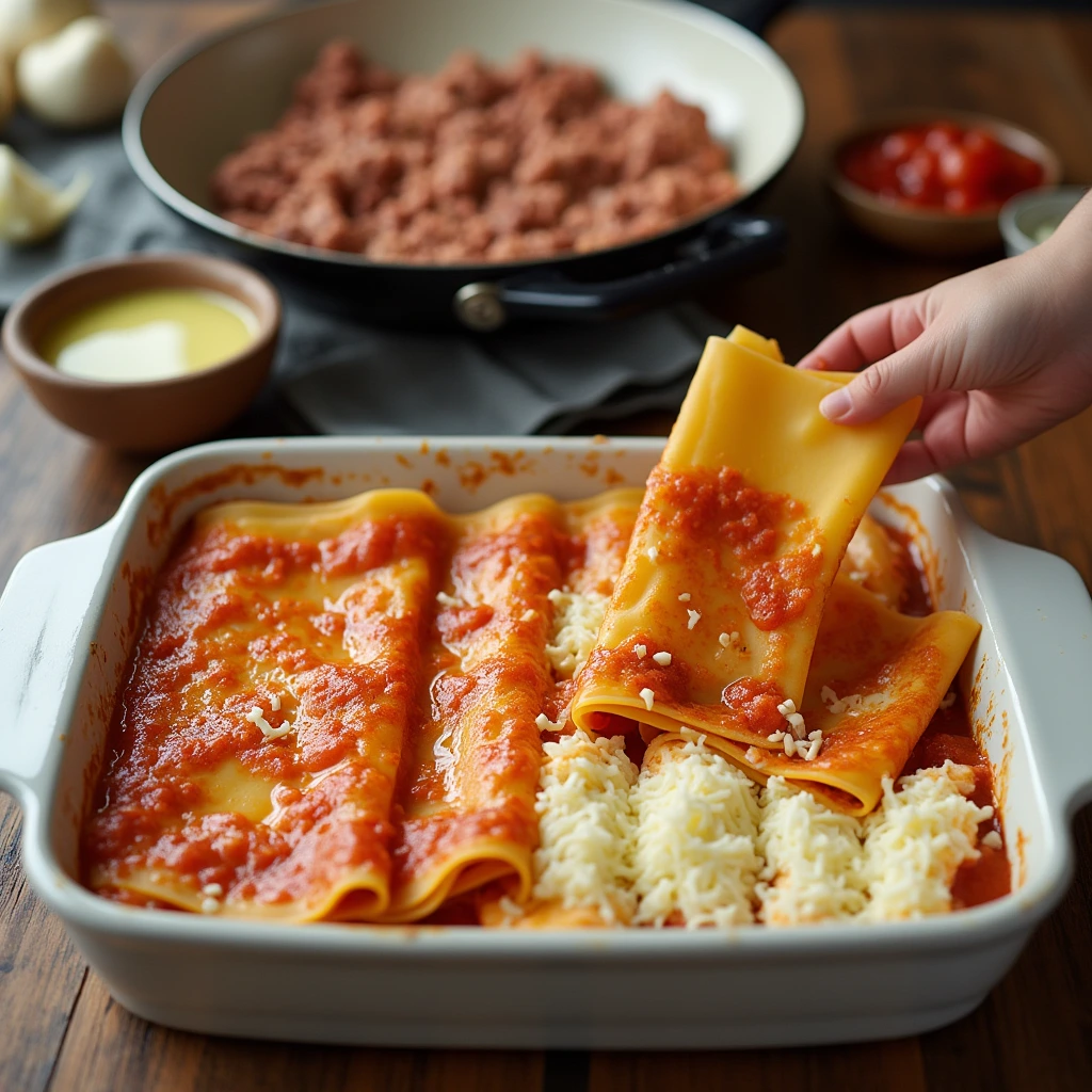 A hand placing lasagna noodles into a baking dish with marinara sauce and cheese, preparing to assemble the layers.