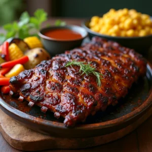 A platter of beef back ribs with a glossy barbecue glaze, served with grilled vegetables like corn and carrots, and a side of macaroni and cheese.