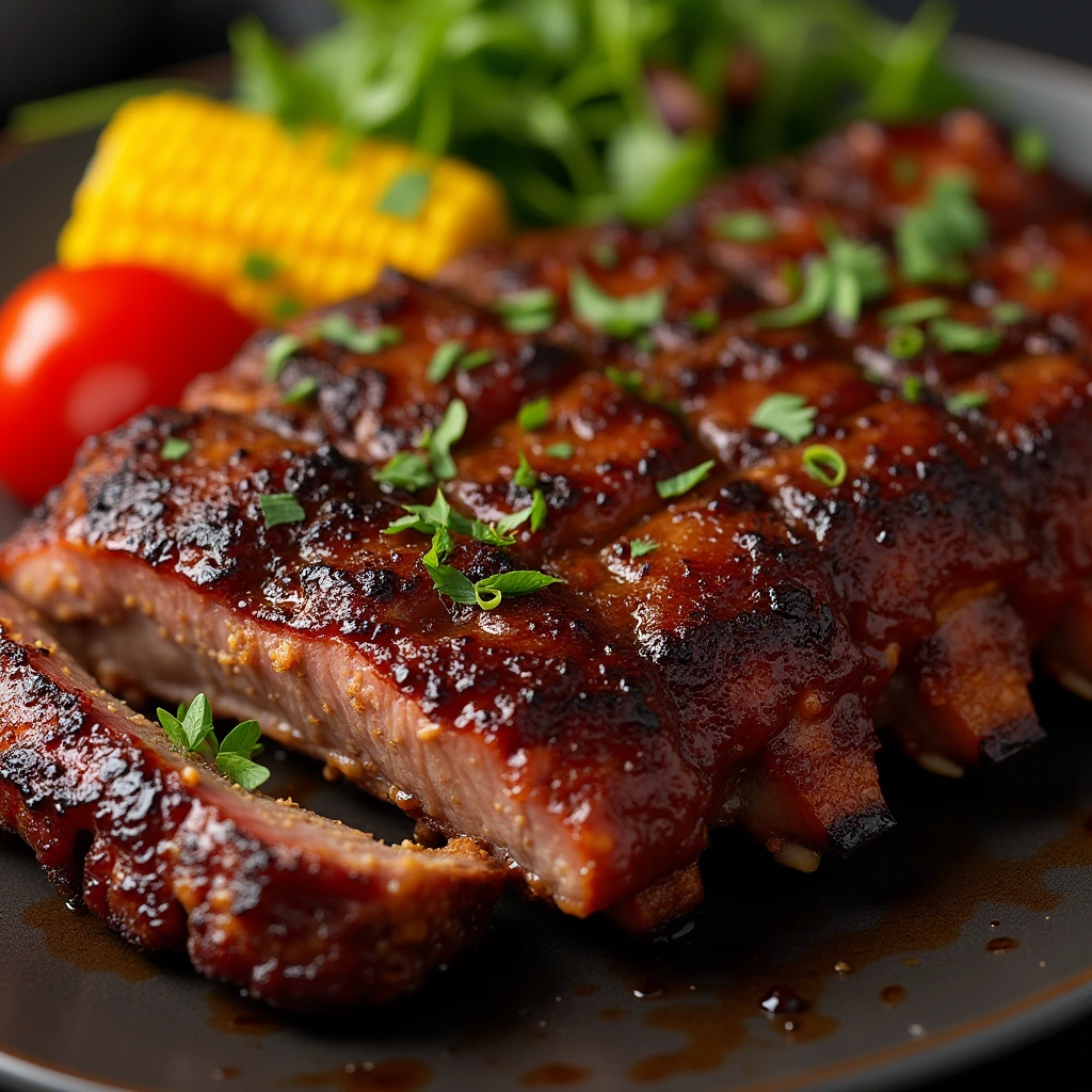 A close-up of a serving of beef back ribs, glazed with barbecue sauce and garnished with fresh parsley, alongside corn and a salad.