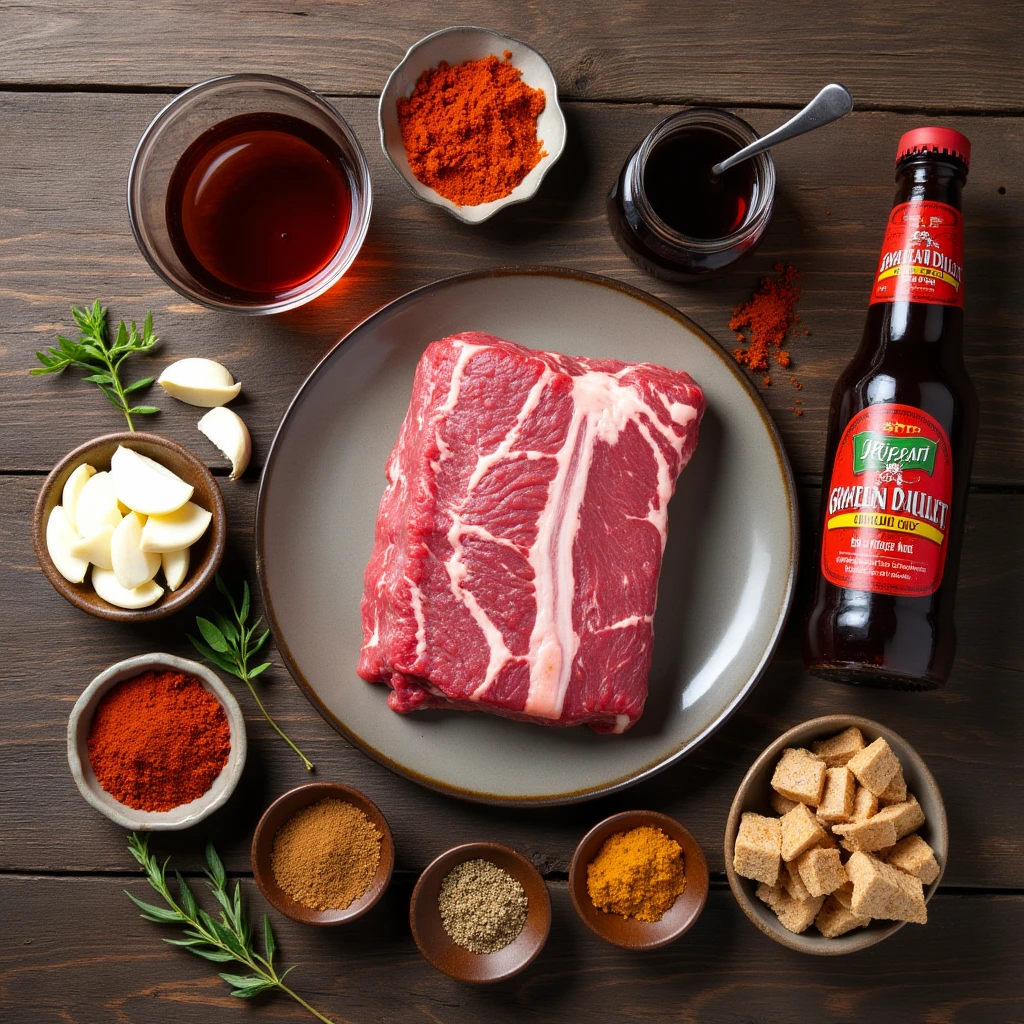 A collection of ingredients for beef back ribs, including fresh ribs, garlic, spices, and a bottle of sauce on a wooden surface.