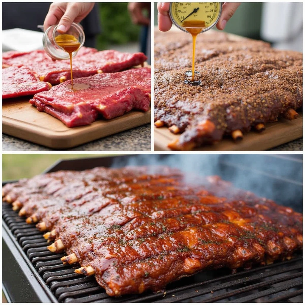 A person drizzling marinade on beef back ribs while adding a dry rub before grilling, with the ribs cooking on the grill in the background.